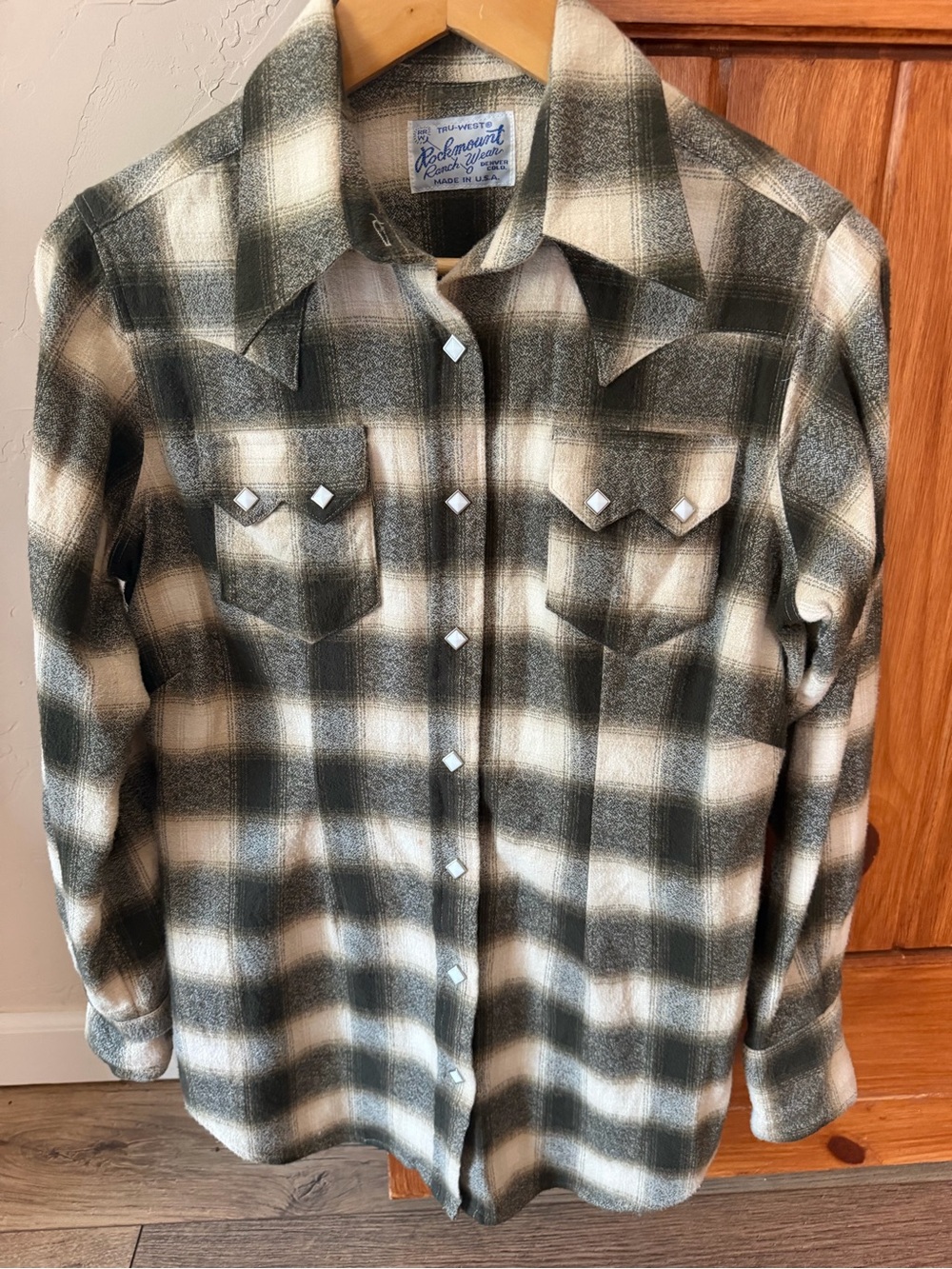 VTG Rockmount Ranch Wear Tru-West Plaid Pearl Snap Western Shirt Olive Cream S